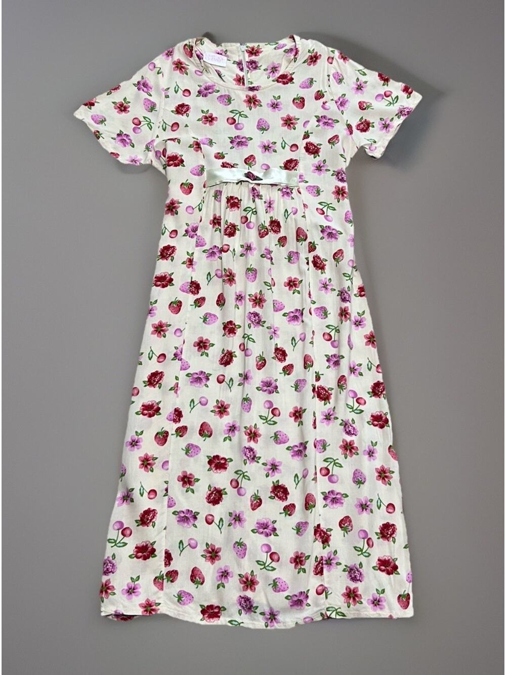 ROSE COTTAGE Girls 7/8 Long Dress Summer Strawberry Floral Ribbon Tie Back